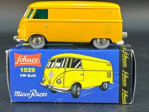 Schuco Micro Racer 1029 VW Bulli Wind-Up Van Post Yellow Replica MIB with Winding Key &amp Packing Paper
