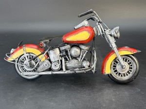 Vintage-Style Metal Motorcycle Sculpture  Handcrafted Red &amp Yellow Custom Cruiser Model