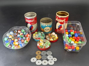 Vintage Collectibles Lot Assorted Glass Marbles, Advertising Tins &amp Depression-Era Tax Tokens