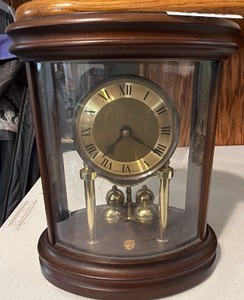 Vintage Wood & Glass Mantel Clock  Brass Roman Numeral Dial, Four-Glass Carriage-Style Case with Pendulum