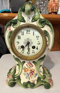 Antique French Porcelain Mantel Clock  Hand-Painted Floral Rococo Revival, 8-Day Movement (AS-IS, Cracked Dial)