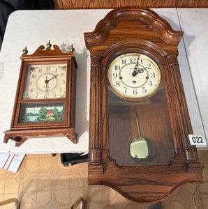 Vintage Wooden Wall Clock Lot (2)  Pendulum Regulator-Style Clock & Small Wall Clock with Painted Scene