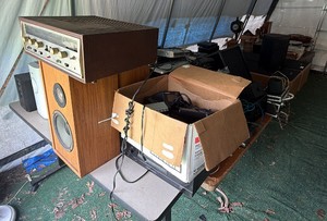 Mixed Electronics & Audio Accessories Lot  Eikon Monitor, Pulse Preamp, Cables & Power Supplies, Vintage Lafayette Stereo Receiver with Assorted Speakers & Audio Equipment, Home Audio Equipment Lot