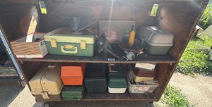 Vintage Tackle Box Lot  Multiple Fishing Boxes, Reel & Tackle Accessories plus anchors, tons of fishing lures most of the tacklebox are full. Theres so much stuff. and so much more