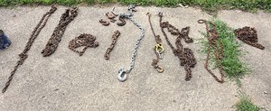 Vintage LogTow Chain Lot  Assorted Sizes with Hooks, Grab Hooks & Hardware