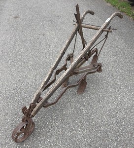 Antique Horse-Drawn Walking Plow w Wood Handles & Iron Frame