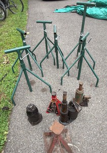 Lot of Jack Stands, Hydraulic Bottle Jacks & Adjustable Pipe Stands Assorted Jack Stands, Bottle Jacks & Adjustable Support Stands