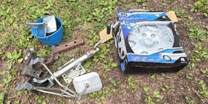 Lot of Trailer Jack, Hitch, Tow Mirrors, 15 Wheel Covers & Accessories
