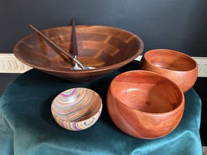 Vintage Wooden Salad Bowl Set Kamani Wood Bowls Servers & Veneer Bowl