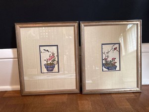 Pair of Kinder-Harris Custom Framed Chinoiserie Floral Bird Prints