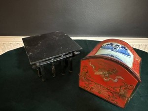 Asian Lacquer Trinket Box & Black Display Stand Decorative Lot