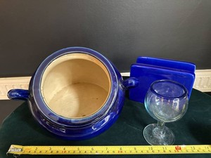 Assorted Cobalt Blue Pottery Wall Pocket Planter, Napkin Holder & Stemmed Glass Lot