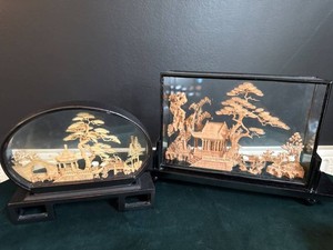 Vintage Fujian Chinese Cork Art Table Screen Pair Framed Dioramas