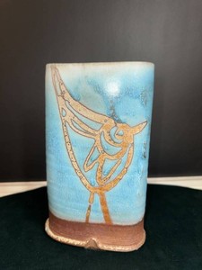 Sarah Dudgeon Signed Studio Art Pottery Squish Vase Blue Glaze Bird Motif Stoneware