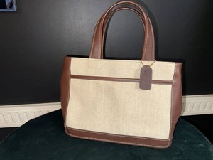 Vintage Coach USA Cotton Linen Leather Trim Tote Bag Style 6121