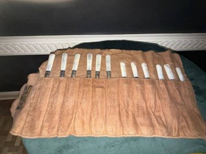 Vintage Mother of Pearl Handled Flatware Set in Roll Case