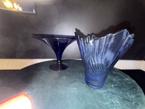 Pair of Vintage Cobalt Blue Art Glass Centerpiece Compote & Fenton Art Deco Fan Form Vase