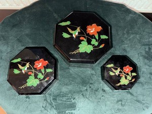 Graduated Set of 3 Black Lacquer Octagonal Trinket Boxes Bird Floral