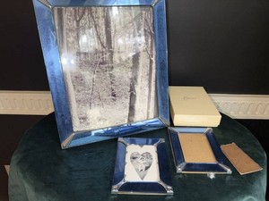 1930s Art Deco Blue Beveled Glass Picture Frames Matching Set w Cranes Box - Designed by George Fenton, Manhattan