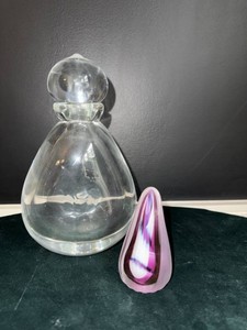 Vintage Clear Art Glass Decanter & Purple Paperweight Decor Lot by Glass Blower Andrew Shea, Minneapolis