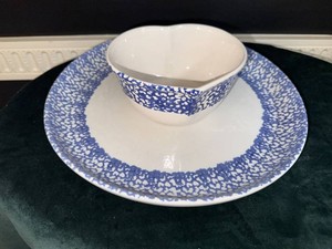 Blue Spongeware Serving Plate & Heart Shaped Bowl Set Pottery