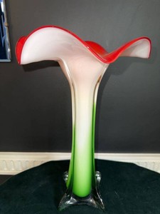 Unmarked Murano Style Art Glass Jack in Pulpit Vase Red Green White