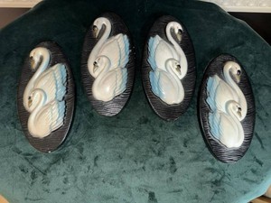 Set of 4 Vintage Swan Wall Plaques Black White Oval Chalkware Decor