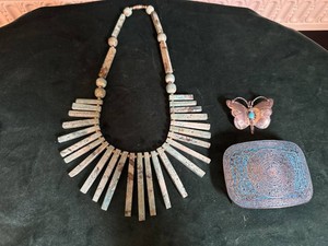 Vintage Southwestern Jewelry Lot Stone Necklace Sterling Butterfly Buckle