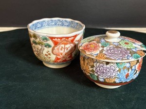 Japanese Kutani Style Porcelain Teacup & Covered Condiment Bowl