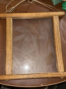 Oak Framed Lady Slipper Etched Glass Botanical Wall Hanging Decor