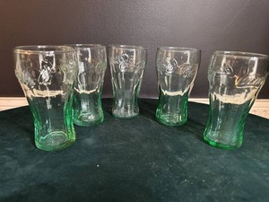 Set of 5 Coca-Cola Green Glass Contour Tumblers Mixed Sizes