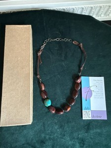 Deb Fine Dezine Beaded Stone Necklace Leather Cord Turquoise Accent