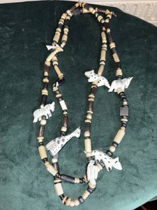 Vintage Bali Style Carved Animal Bead Necklace Wood Bone Safari