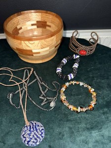 Assorted Handmade Costume Jewelry & Segmented Wood Bowl Lot