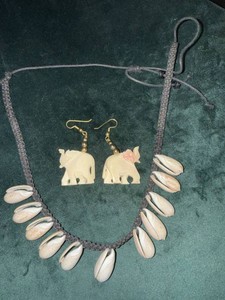 Handmade Cowrie Shell Necklace & Carved Elephant Earring Set