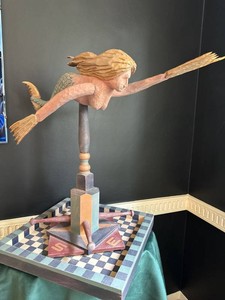 Signed Dan Grunst Carved Whimsical, Whirlygig Wooden Mermaid Sculpture Compass Base 1995