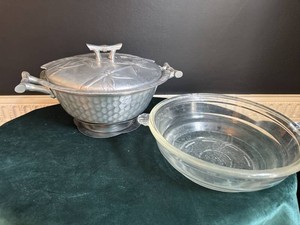 Vintage Hammered Aluminum Bamboo Casserole & Glass Baking Dish