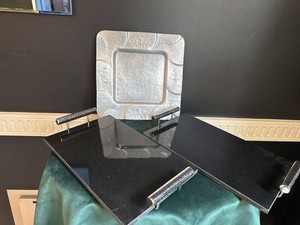 Pair of Black Granite Sushi Serving Boards with Metal Handles