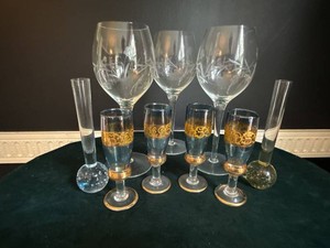 Vintage Mixed Art Glass Stemware Etched Goblets Bud Vases Lot
