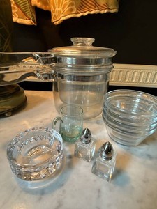 Vintage Glass Kitchenware Lot Cookware, 4 Small Glass Bowls, Shakers, and an Ashtray