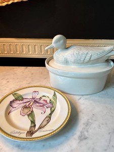 American Atelier Orchid Plate & White Duck Covered Dish Decor Pair