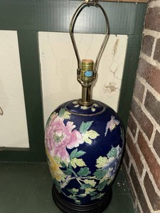Vintage Asian Porcelain Table Lamp Blue Floral Bird Ginger Jar Base
