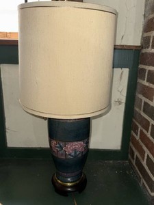 Asian Style Ceramic Table Lamp With Drum Shade Floral Greek Key