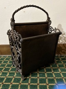 Vintage Ornate Metal Magazine Rack Scrollwork Handle Newspaper Holder