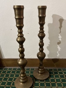 Pair of Vintage Etched Brass Candlesticks Moorish Style 26.5 Tall