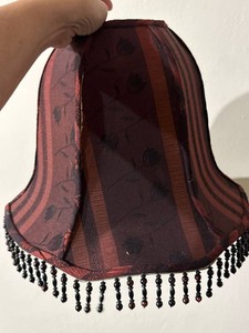 Burgundy Bell Lampshade Black Beaded Fringe Floral Stripe Fabric