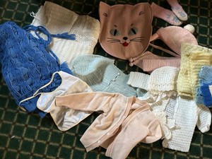 Vintage Baby Knitwear Clothing Lot Sweaters Bonnets Blanket Cat Bag