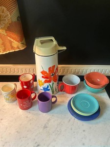 Vintage Fiesta Dinnerware Plates and Bowls with Air Pot Insulated Beverage Dispenser