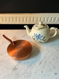 Vintage Copper Covered Silent Butler or Crumb Catcher with Amber Celluloid handle & Floral Teapot Mixed Lot
