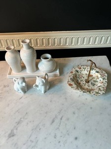 Mixed Decorative Ceramic Lot With Floral Bowl and Vases, and Cat and Dog Small Pitchers for Cream